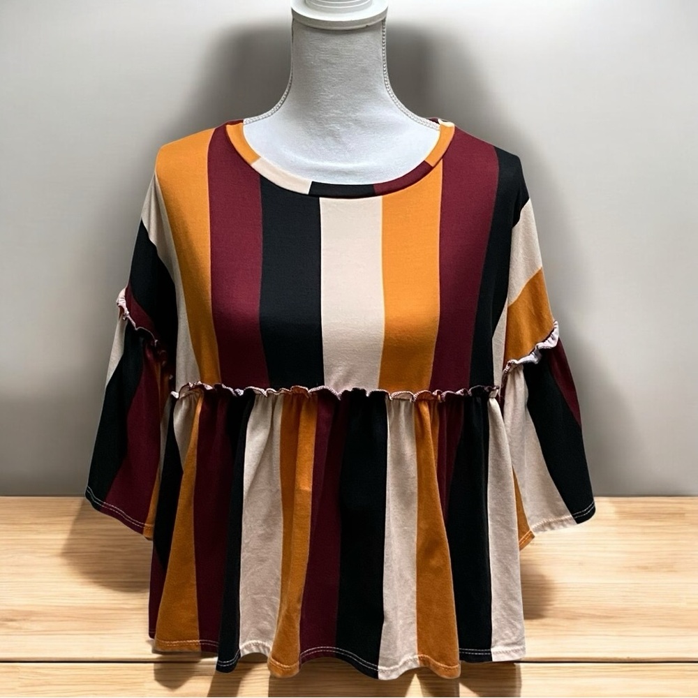 Women’s Vine & Love‎ Vertical Stripe Flair Sleeve Oversized Babydoll Top
